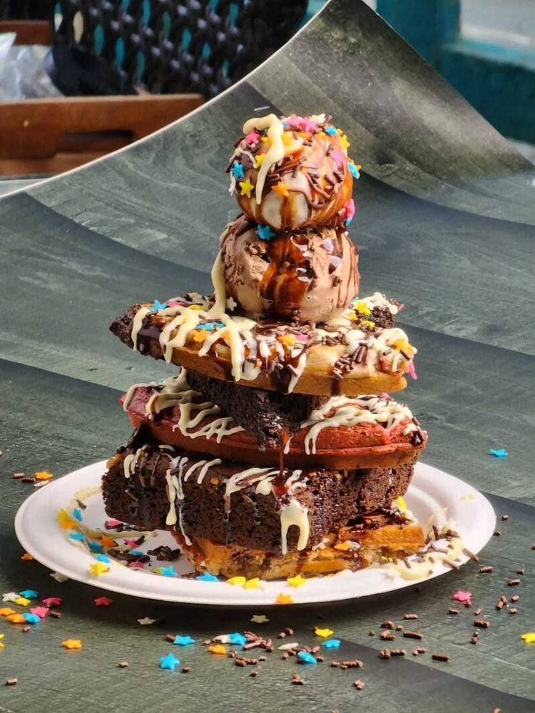 Tower of brownies and ice cream